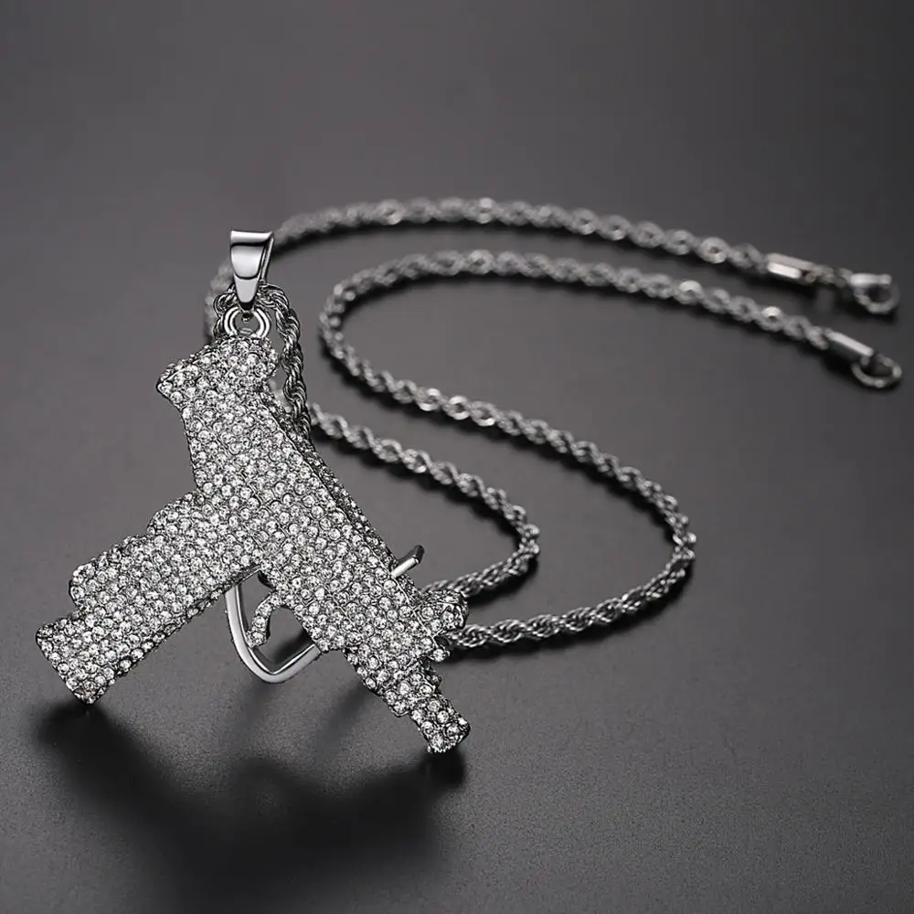 

Hip Hop Micro Pave AAA Cubic Zirconia Bling Iced Out Gun Pendants Necklace for Men Rapper Jewelry Silver Color Drop Shipping