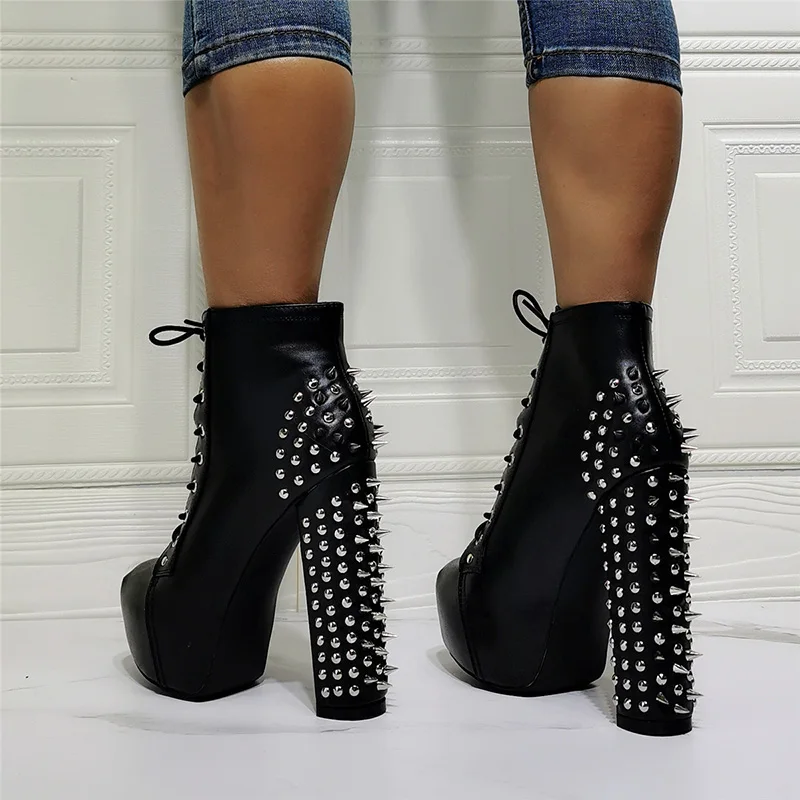 Olomm Women Platform Ankle Boots Sexy Studded Square High Heels Round Toe Elegant Black Night Club Shoes Women Plus US Size 5-15