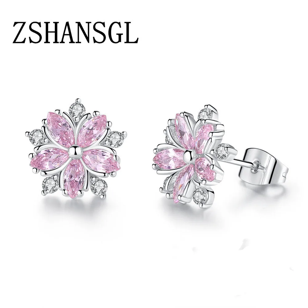 Cute Crystal Female Pink Snowfalke Earrings Fashion plata Wedding Jewelry Boho Small Sakura Flower Stud Earrings For Women