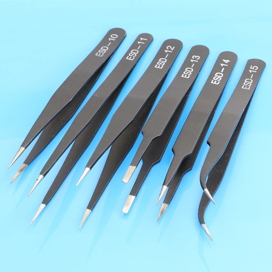 6Pcs ESD Anti-StaticสแตนเลสสตีลแหนบอุตสาหกรรมPrecisionโค้งตรงแหนบซ่อมเครื่องมือ2020