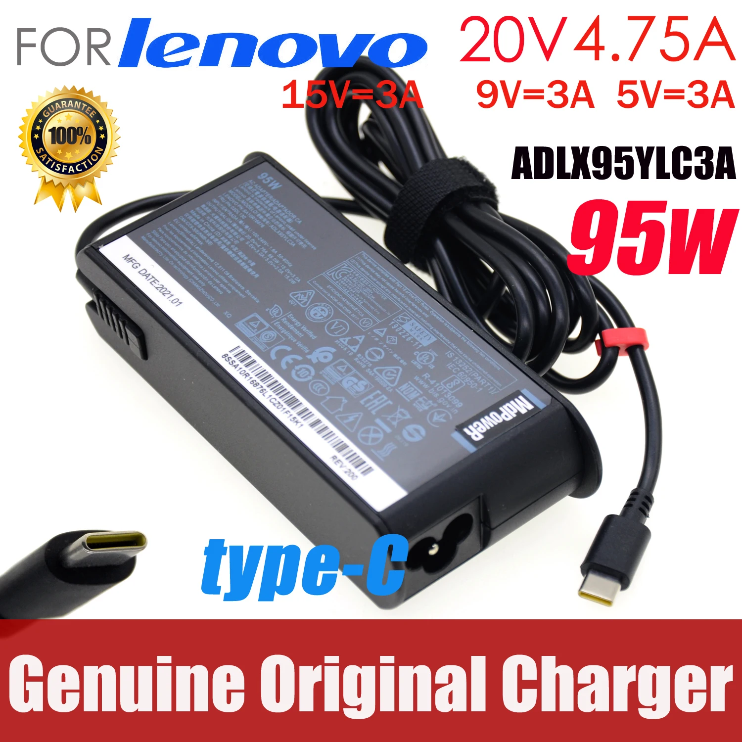 

Genuine 95W Type-C Charger 20V 4.75A /15V 3A /9V 3A /5V 3A for Lenovo ADLX95YCC3 YOGA 14S THINKPAD X1 CARBON T470ST AC adapter