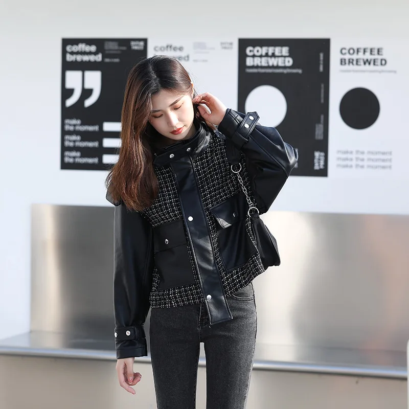 Korean Style PU Jacket Girls Spring Autumn 2021 Faux Leather BF Black Coat Patchwork Plaid Design Loose Casual Women Outwear