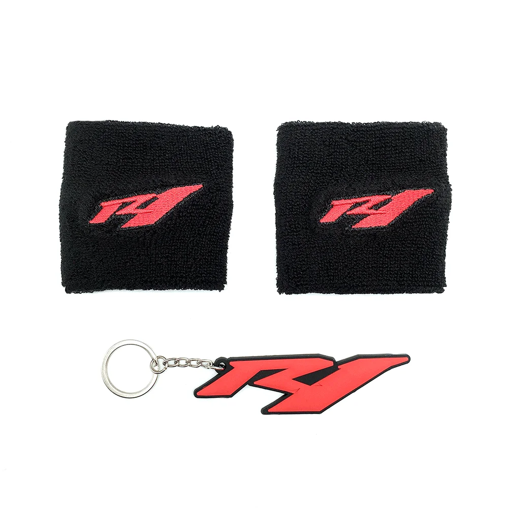 Front Black Motorcycle Brake Reservoir Fluid Socks For Yamaha YZF R1 YZF-R1 With Free 3D R1 Logo Rubber Keyring Keychain