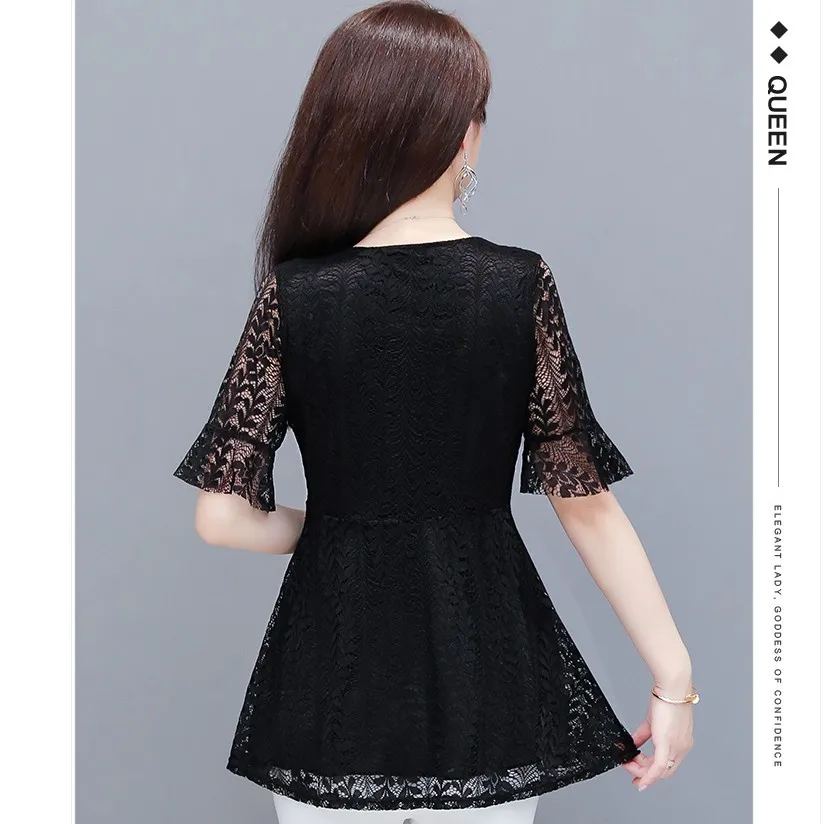 2020 Cute Black Lace Peplum Tops Hot Sales Women Office Lady European Fnioevdrs Sheer Hollow Out Lace Beaded Blouse Tunic m108