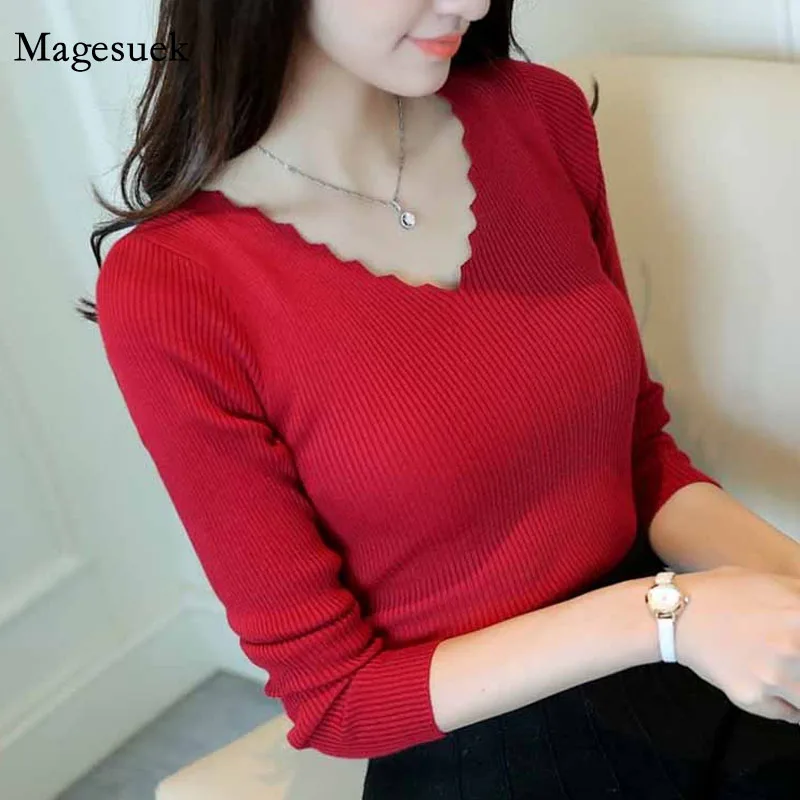 

Knitted Pullovers Autumn Wave Cut V-neck Long Sleeve Sweater Women Winter Solid Black White Basic Office Sweater Tops 7809 50