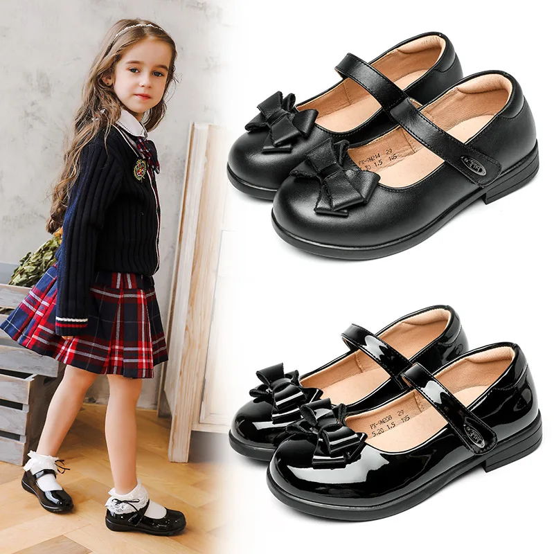 

British Style Butterfly Girls Black Leather Shoes Flower Girl School Shoes Children's Cowhide Mary Jane Shoes Dress Party Shoes