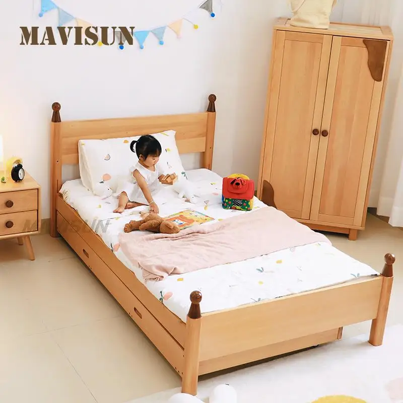 Modern Minimalist Style Children\'s Bed Beech Wood Boy And Girl Designer Drag Bed Pull-Out Storage Bedroom Furniture