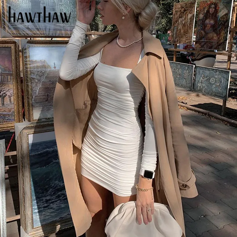 Hawthaw Women Autumn Winter Long Sleeve Square Collar Bodycon White Pleated Package Hip Mini Dress 2020 Fall Clothes Streetwear