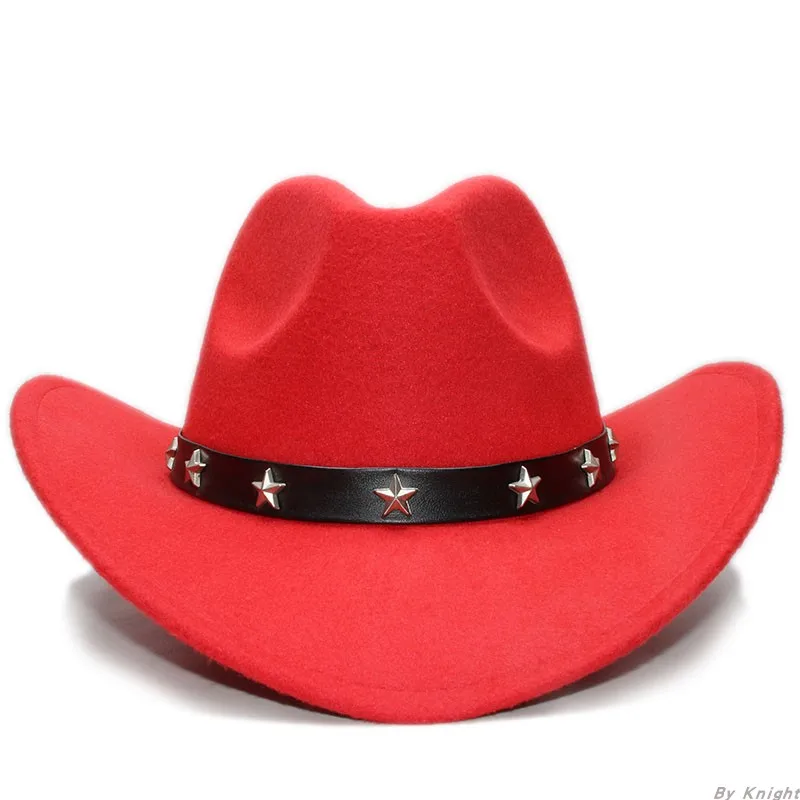 

A172 Adult Wool Fedoras Hat Star Leather Belt Band Cowboy Hats Parents and Kids Wear Wool Cowboy Hat Large Brim Fedoras Caps