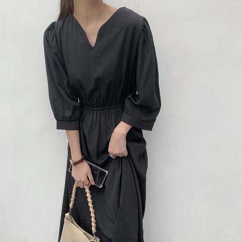 Solid Temperament Women Spring Summer Dress Cotton V-Neck High Waist Lantern Sleeve Dress Casual casualLong Dresses Vestido 140