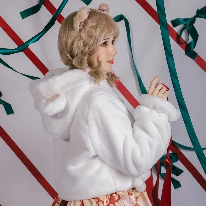 Sweet Lolita Plush Coat Keep Warm Autumn  Winter Student Daily Jacket Cute Soft Girl Plush Coat Bunny Ears Cosplay Cos Loli