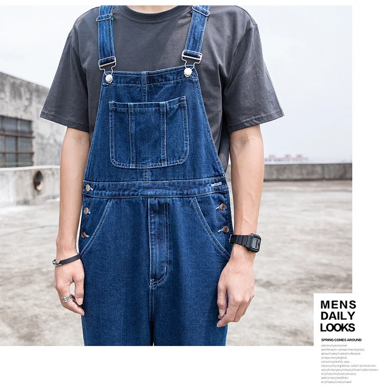 Herren Plus Size Denim Latzhose Klassische Cargo-Jeans mit Großen Taschen Lose Arbeitslatzhose Trägerhose Dunkel- und Hellblau – Detail 8