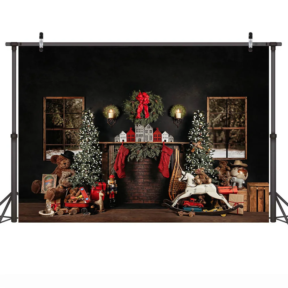 Christmas  Photography Backdrop Fireplace Windows Red Sock Background Christmas Tree Gift Toys Winter Newborn Photographic Props