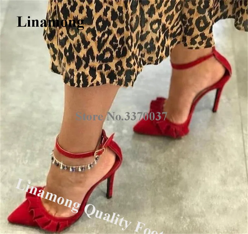 

Linamong Brand Fashion Pointed Toe Suede Leather Stiletto Heel Fringes Pumps Red Black Ruffles High Heels Formal Dress Shoes