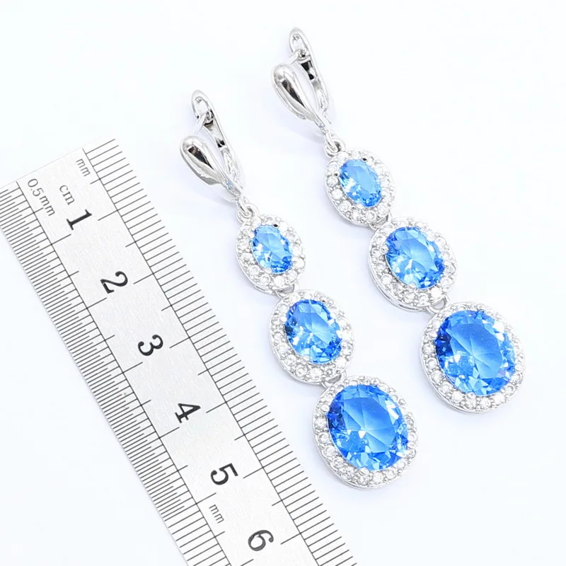 Light Blue Semi-precious Silver Color Jewelry Sets For Women Wedding Bracelet Necklace Pendant Earrings Ring With Gift Box