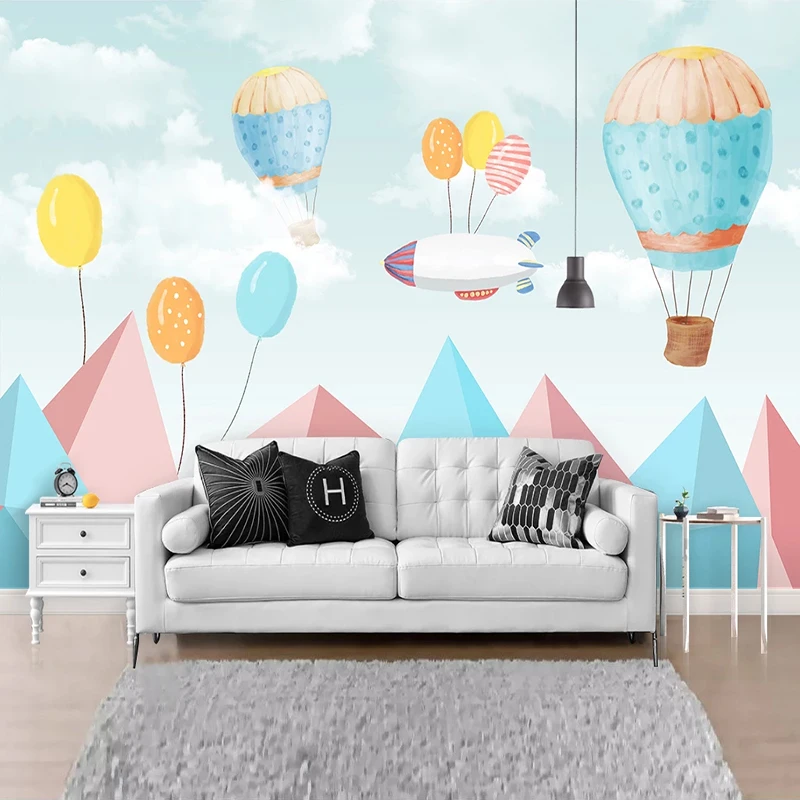 Custom Hand Painted Cartoon Hot Air Balloon Rocket Airplane Photo Background Children Room Bedroom Mural Wallpaper For Kids Room