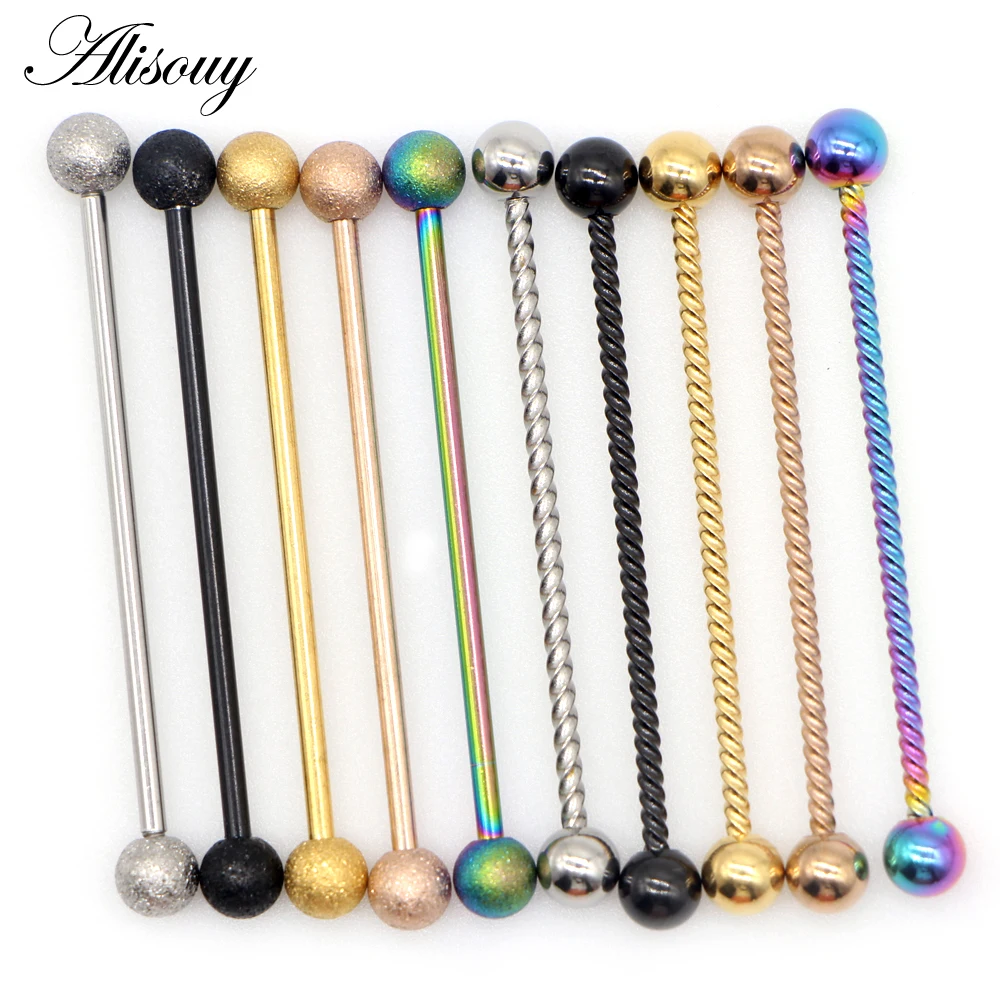 Alisouy 14G 1pc Stainless Steel Industrial Barbell Earrings Twisted Matte Rainbow Ear Cartilage Helix-Conch Piercing Jewelry