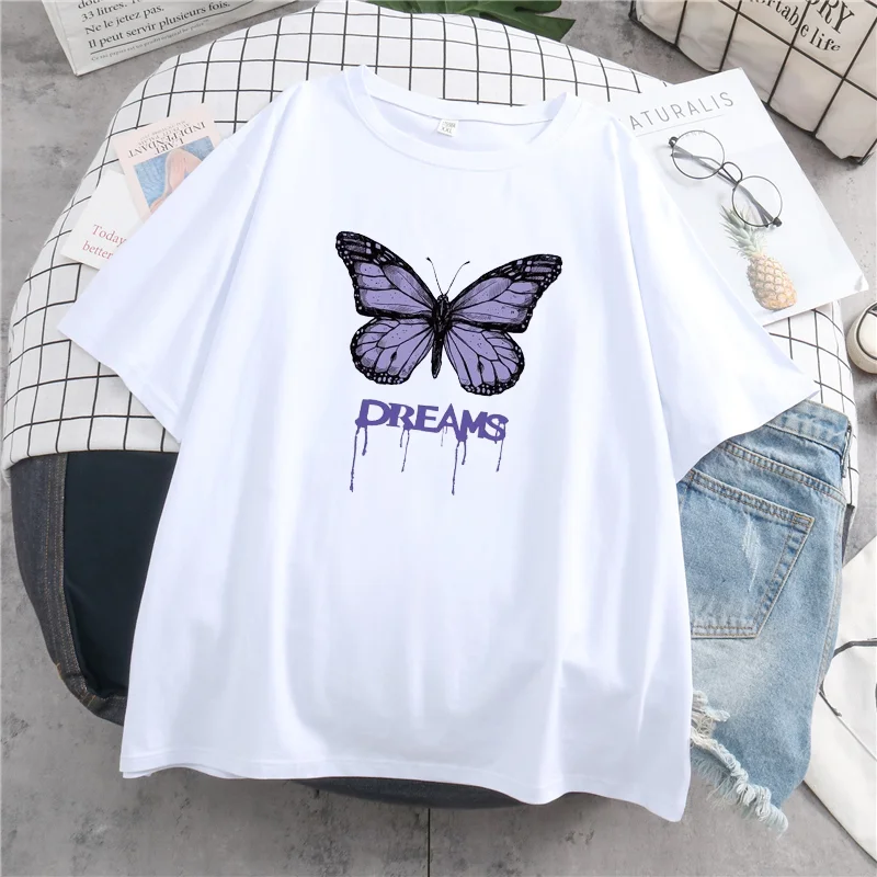 Gothic y2k Aesthetic Loose Ladies T-shirt Purple Butterfly Print Korean Style Ladies Tops T-shirt Harajuku punk clothes tshirt