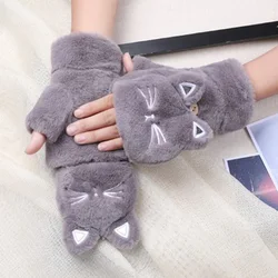 Women Winter Warm Plus Velvet Thicken Half Finger Flip Cycling Driving Gloves Cute Cat Fingerless Touch screen Mittens H10