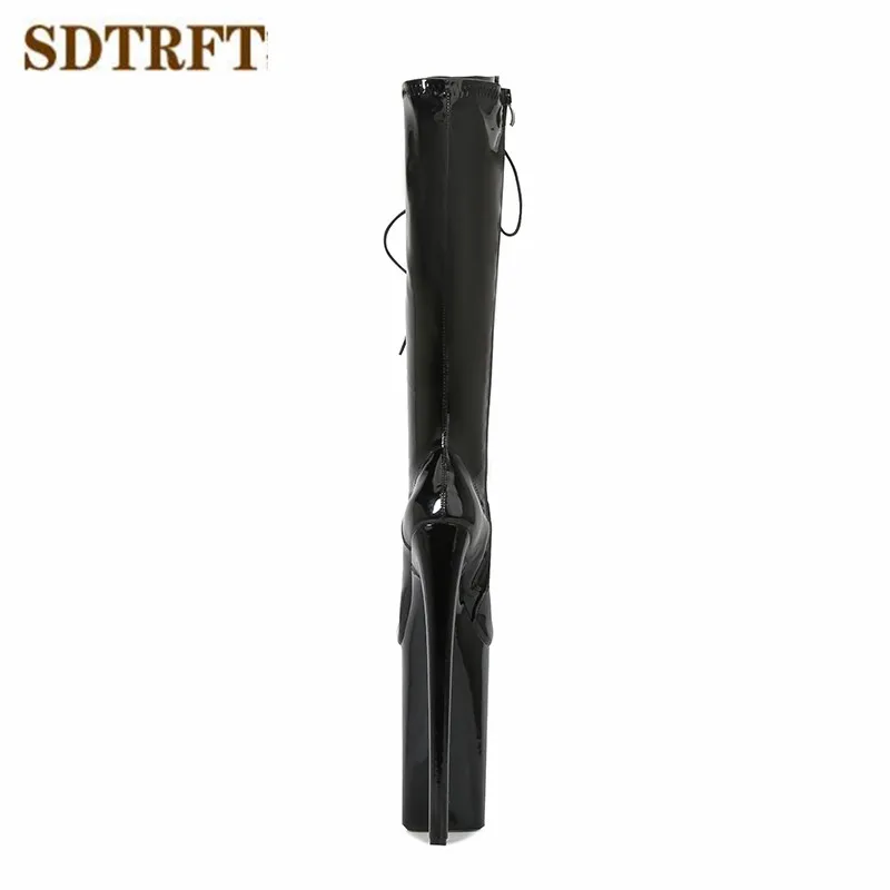 SDTRFT 26CM Super Thin Heel Nightclub Knee-High Long Boots Women Lace-up Zip Design Round Toe Pumps Waterproof Platform Shoes