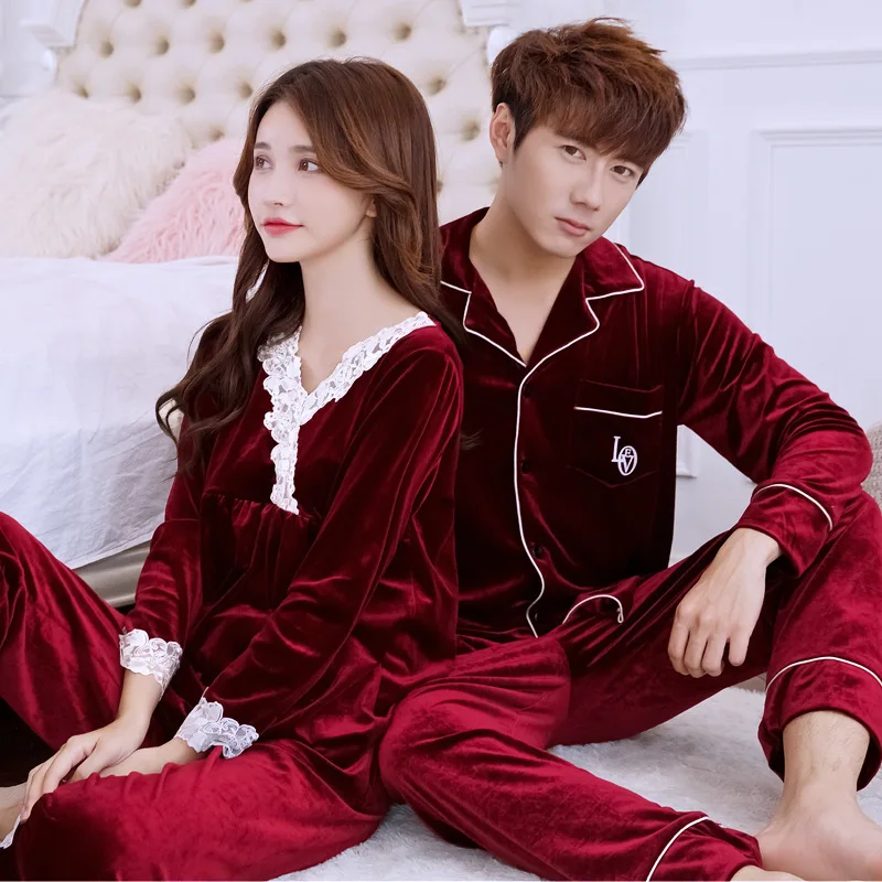 

Lovers Pajamas Womens Pajamas Set Winter Thick Warm Gold Velvet Pajama Sets Lace Trim Pyjamas Men loose large Homewear Clothing