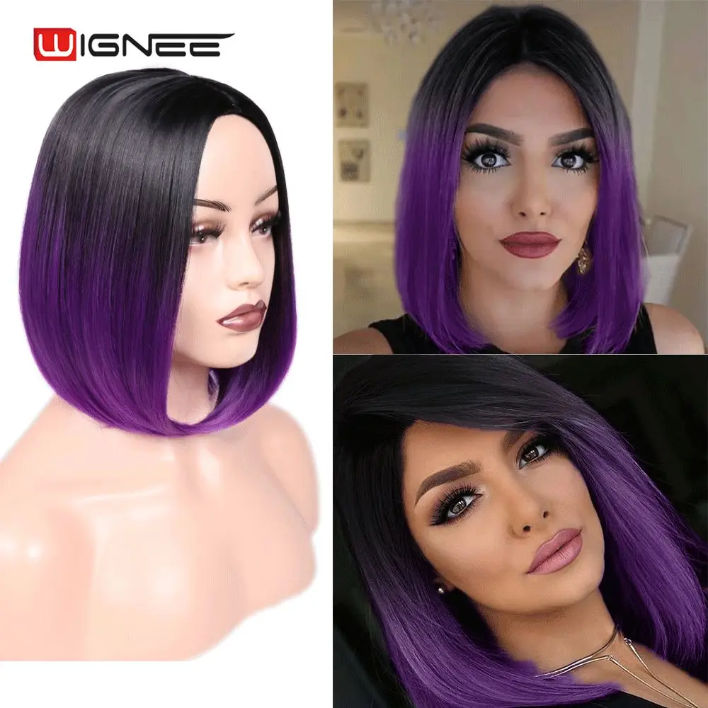 

Wignee Short Straight Bob Hair Synthetic Wigs For Women 2 Tone Ombre Color Wigs Blue/BUG/Green/Ash Blonde Glueless Cosplay Hair