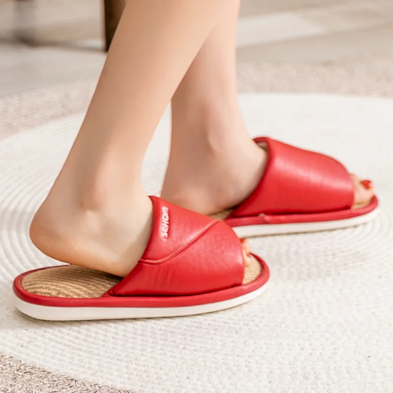 Leather Slippers Female Quiet Home Four Seasons Indoor Prevent Absorb Sweat Linen Cotton Slippers Male Modern Slippers Summer