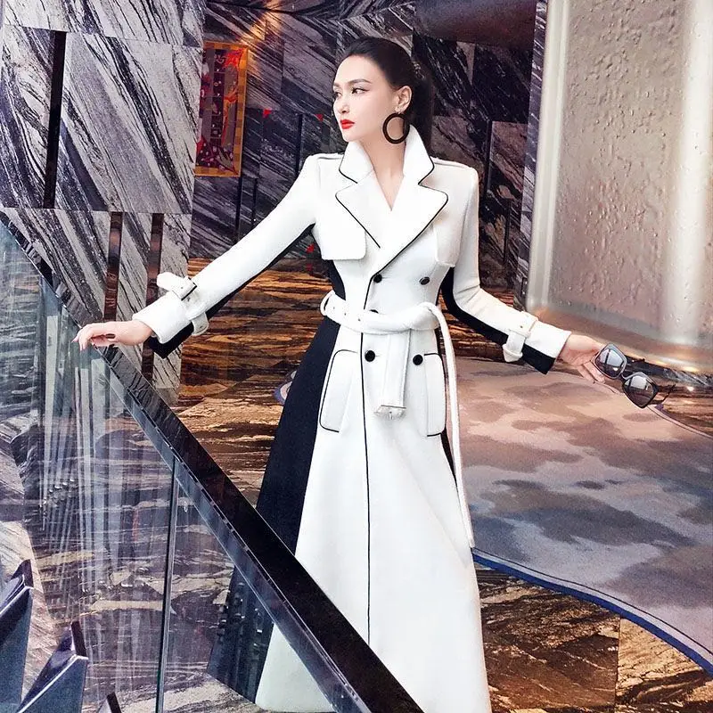 (made by yihaodi) Lapel coat women's 2023 autumn and winter new European and American style black and white contrast temperament