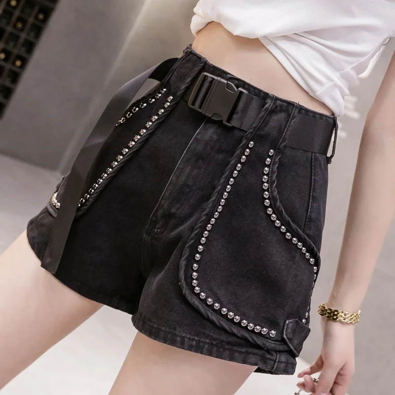 Loose Women High Waisted Denim Shorts High Street Pockets Rivets A-Line Wide Leg Jeans Female Personality Casual Belt Hotpants