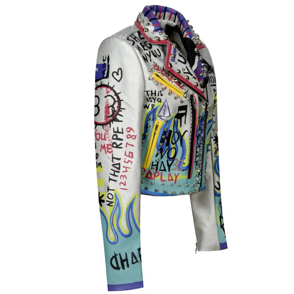 4XL Fashion Graffiti Kralen Vrouwen Pu Leren Jas Punk Stijl Motorfiets Embrodiery Lederen Jassen Streetwear F803