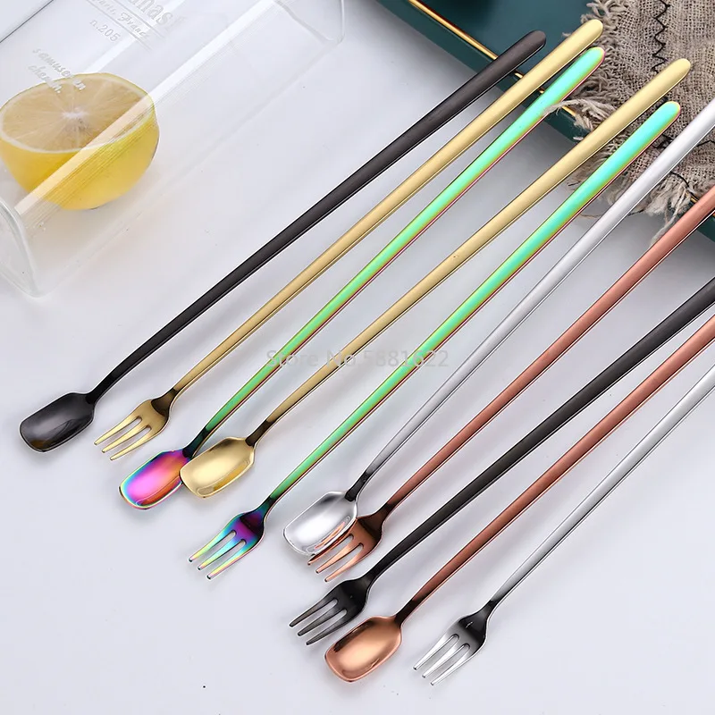 Stainless Steel Stirring Spoon with Long Handle Square Head Spoon Mini Ice Bar Gold Plated Ice Spoon Cocktail Mixing Spoon Fork