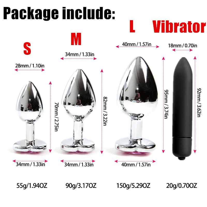 커플용 금속 애널 플러그 미니 진동기, 로맨틱 하트 크리스탈 베이스, 부드러운 엉덩이 플러그, 항문 확장기, 성인 항문 섹스 토이, 여성 남성