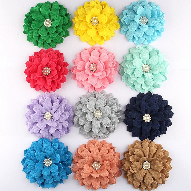 

200PCS 4.2" 10CM Fashion Big High Quality Fabric Flowers With Pearl Rhinestone Center Handmade Flower For Headband Accessories