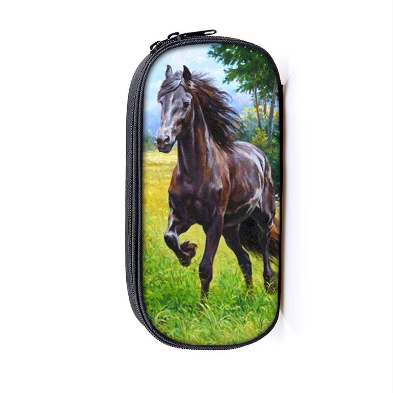 Galloping Animal Black Horse Print  Pencil Bag Ladies Cosmetic Bags For Young Boys Girls Pencil Case Children School Supplies