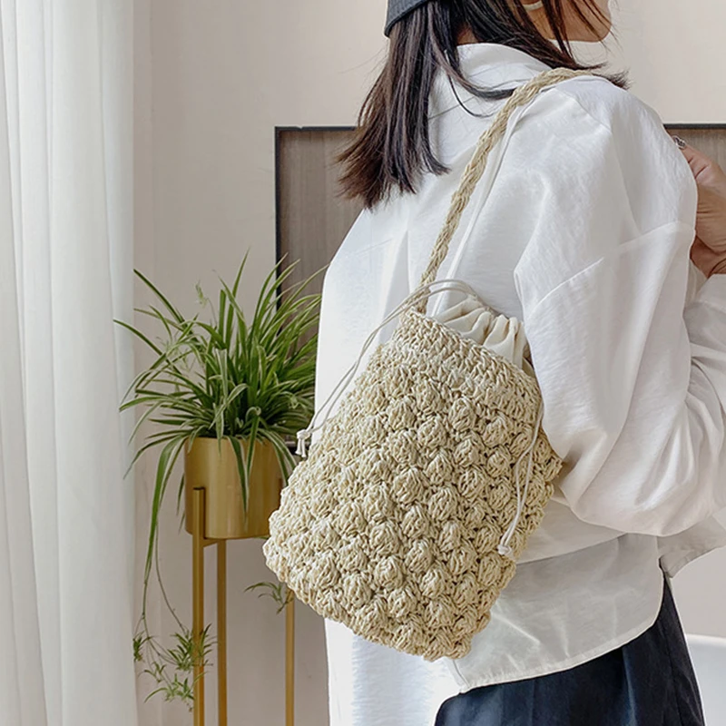 Yogodlns Sommer Stroh Umhängetasche Frauen Große Kapazität Rattan Eimer Tasche Handarbeit Gewebt Strand Tasche Mode Urlaub Handtasche Tote – Detail 11