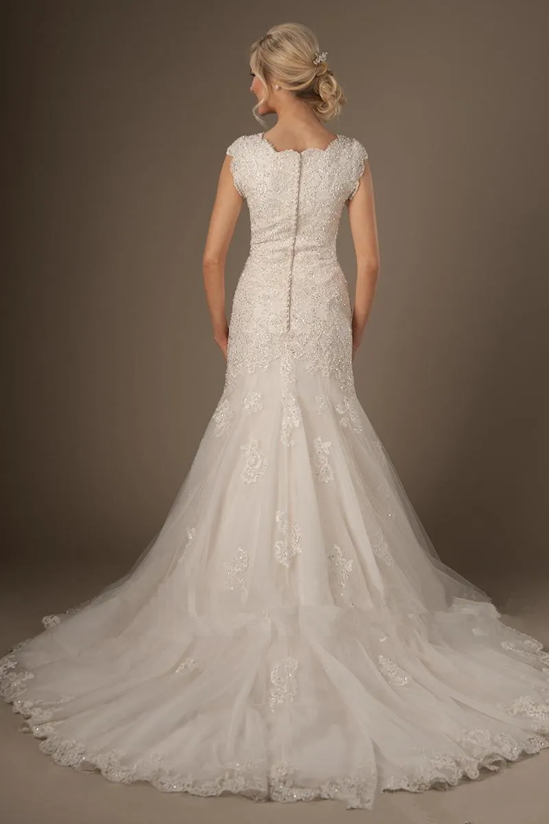 Robe de mariée sirène en dentelle perlée, avec cape, manches, col rond, en Tulle, sur mesure, de luxe