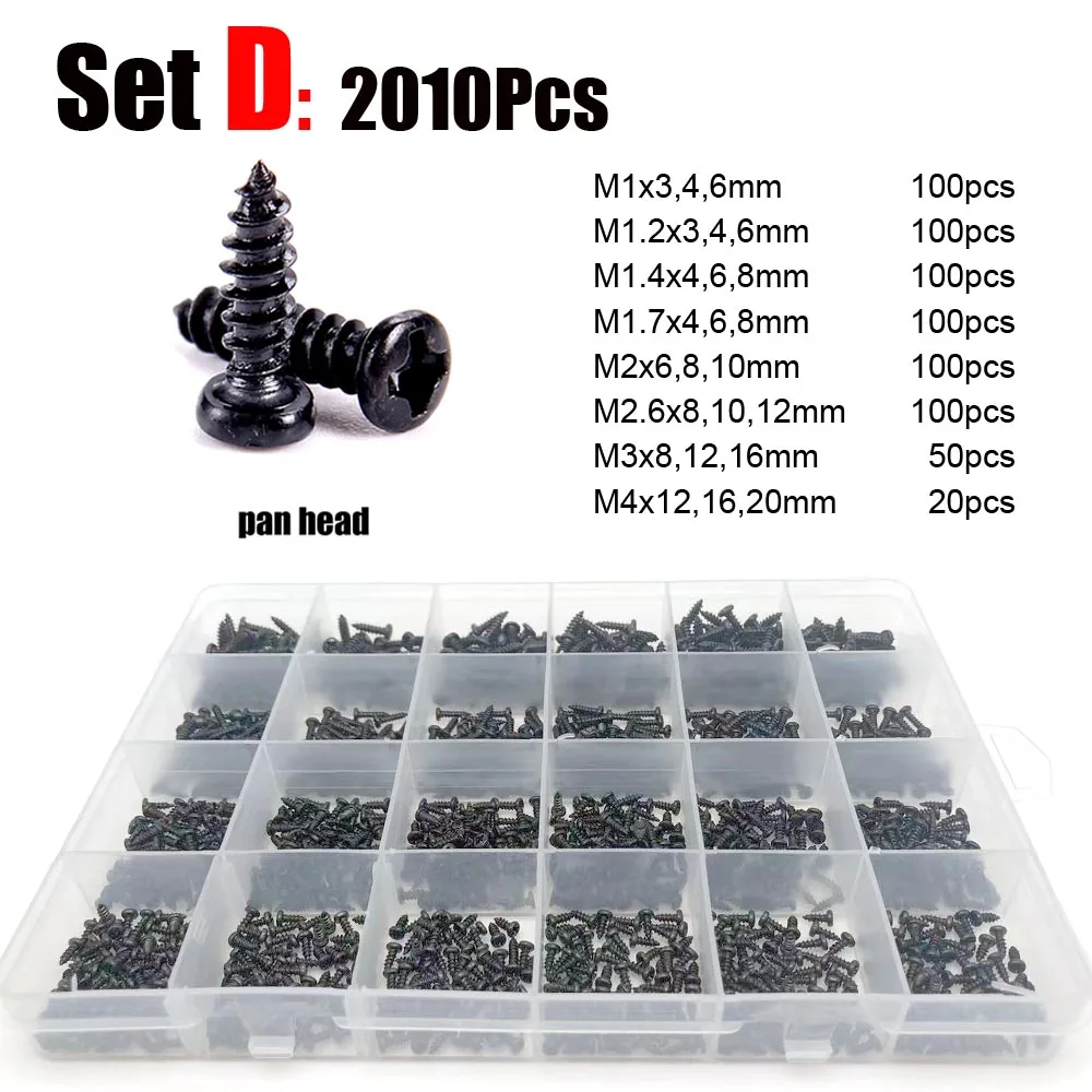 

700/2010pcs M1 M1.2 M1.4 M1.7 M2 M3 M4 Black Steel Small Micro Cross Phillips Round Pan Head Self Tapping Wood Screw Set Kit Box