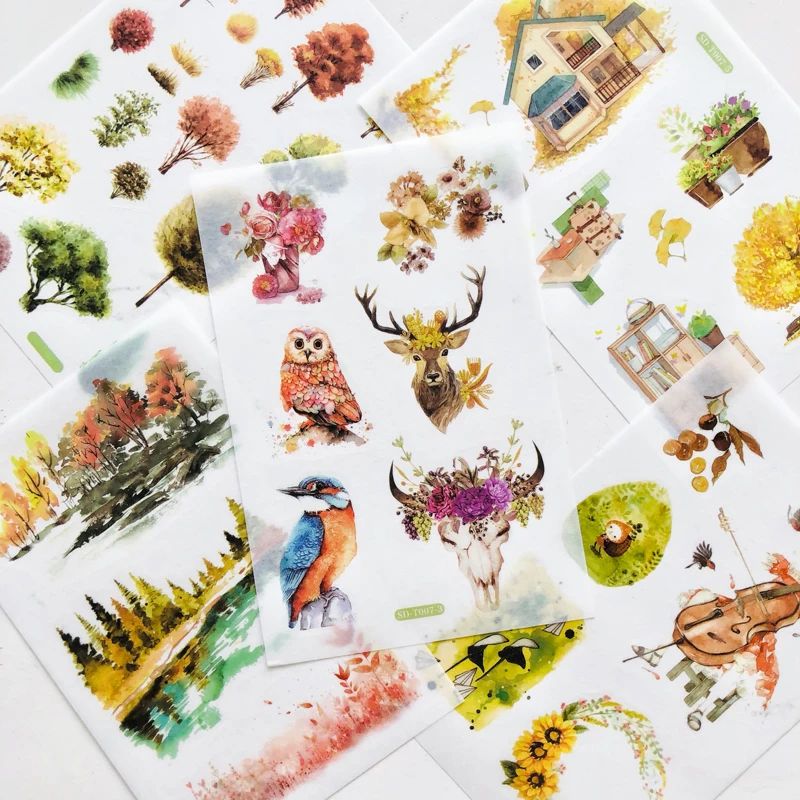 6 Sheets /Pack Collage Paper Stickers Mystery Forest Trees Deers Decorative Journal Diary Stickers