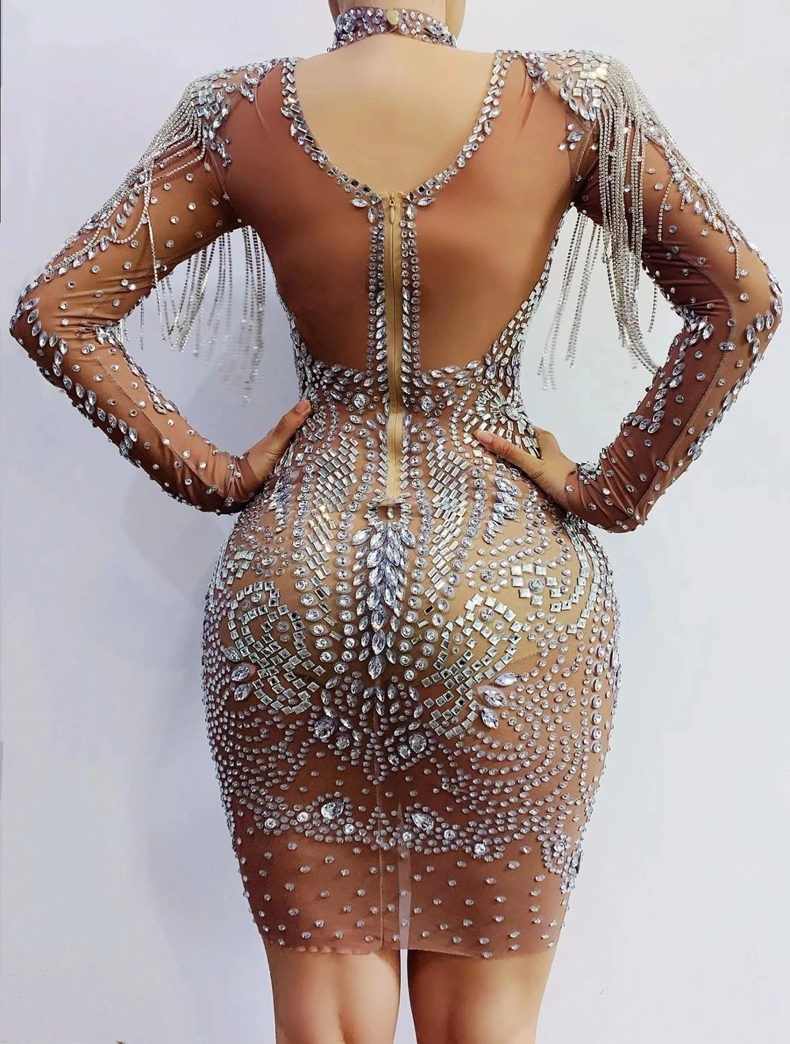 Bar Women Dancer Evening Dress Sparkly Singer Rhinestones Transparent Dress Women's Birthday Celebrate Mesh Outfit