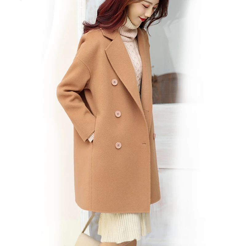 Wool pockets double breasted turn down collar long sleeve oversized loose casual fall winter long coat jackets women peacoat 146