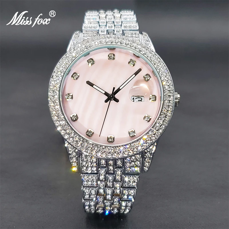 Relogio Feminino MISSFOX Elegant Diamond Bling Pink Watch For Women Geneva Luxury Unique Pearl Dial Dress Watches Dropshipping