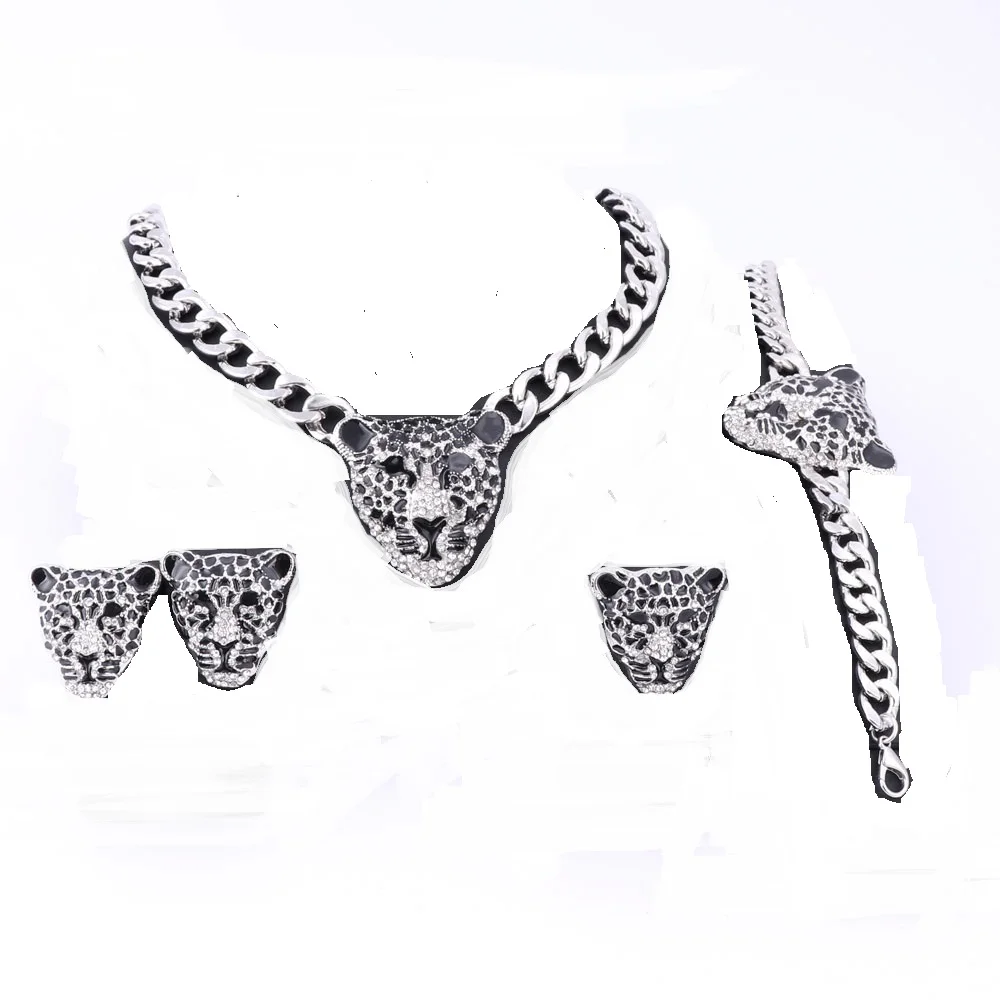 Dubai Gold Color Crystal Enameled Leopard Pendant Statement Necklace Bracelet Earrings Ring Costume Jewelry Set