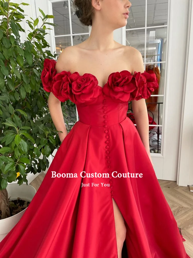 Booma Red Taffeta Prom Dresses Off Shoulder Handgemaakte Bloemen Slit A-lijn Avondjurken Dichtgeknoopt Lange Formele Party Jurken