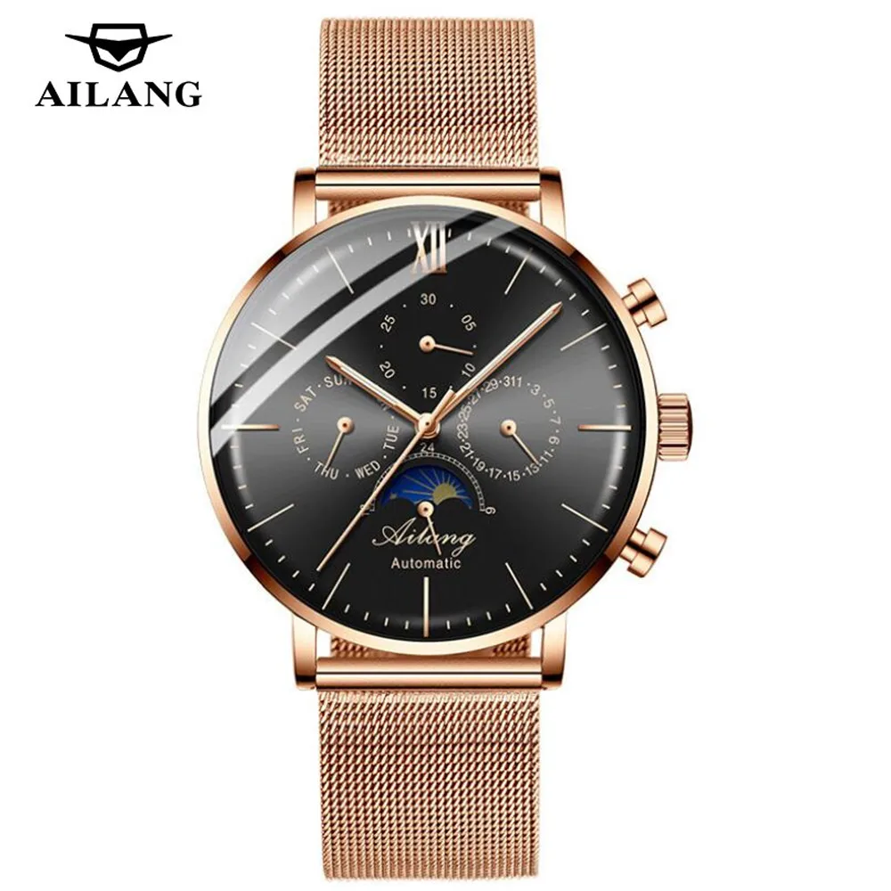 

AILANG Luxury Automatic Men Mechanical Watches Moon Phase Calendar Week Display Waterproof Man Watch Stainless Steel Wristwatch