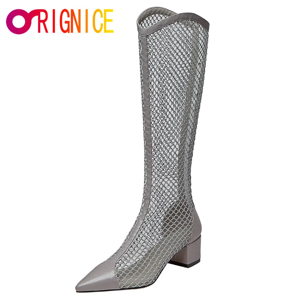 

Orignice Summer New Mesh Women Knee High Boots Cool Hollow Breathable Lady Thick Heel Zipper Roman Sandals Night Club Shoes