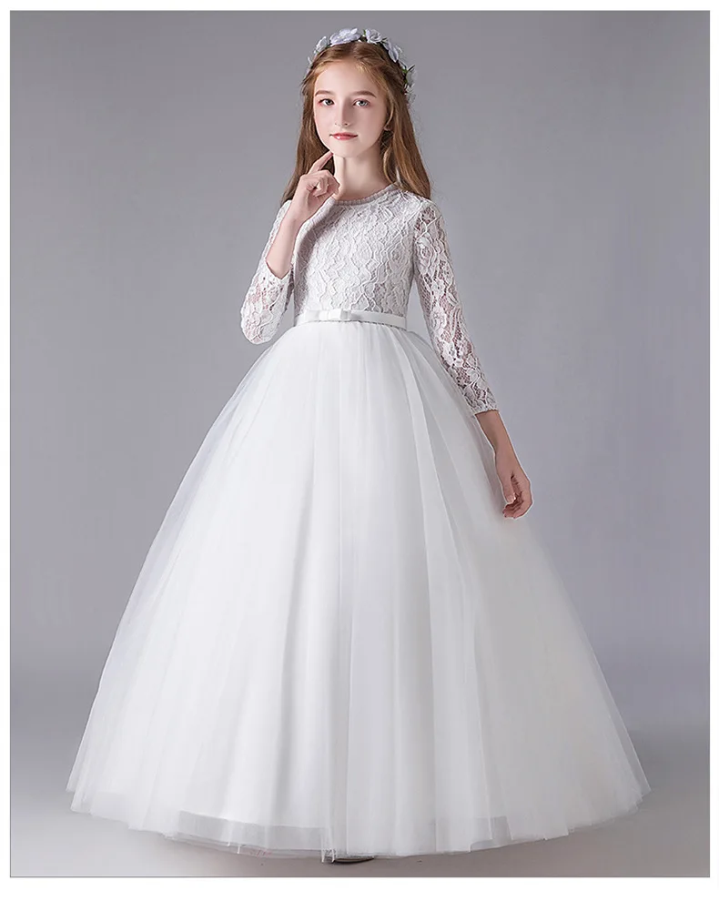 Flower Girl's Dresses Birthday Party Banquet Lace tulle Dress for First communion Elegant sexy Girl's Wedding Long White Dress