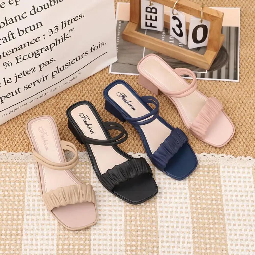 Women Sandals Thick Heel Candy Color Summer Pleated Upper Square Head Slippers for Beach