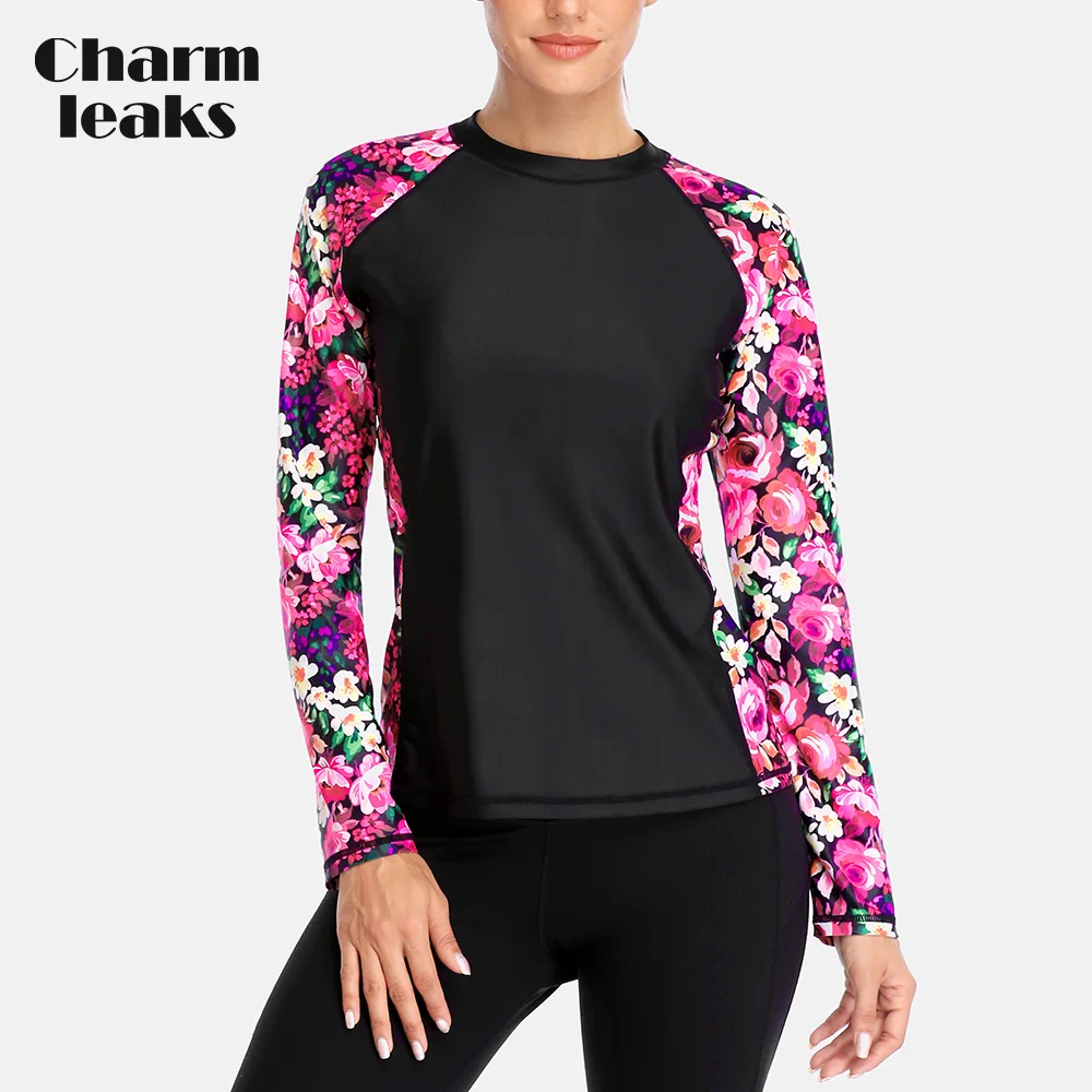 Charmleaks Women Rash Guard Top Swimwear Long Sleeve Rashguard Diving Shirts Surfing Top Retro Print Swimsuit Shirt UPF 50+