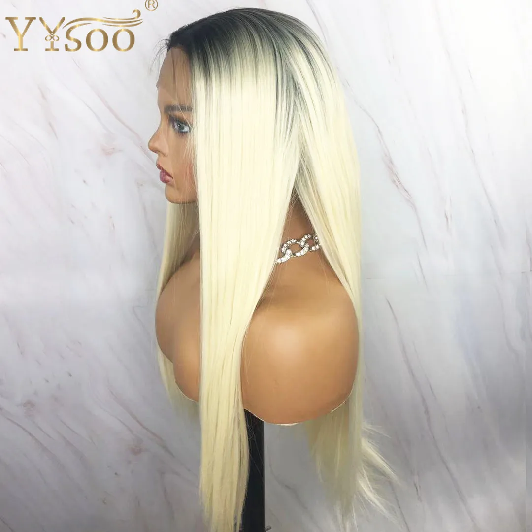 Yysoo Lange Blonde Synthetische Lace Front Pruiken Voor Vrouwen 1b/613 Kleur Lijmloze Front Lace Silky Straight Haar Pruik natuurlijk Ogende