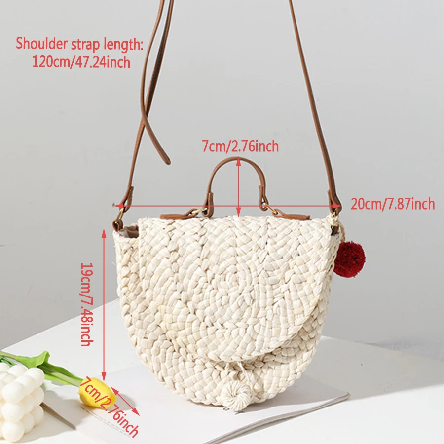 Casual Summer Handmade Straw Bags Women Rattan Handbag Half Moon Shoulder Bags All-Match Travel Weave Messenger Crossbody Bag